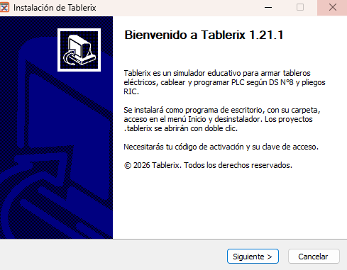 Pantalla de bienvenida del instalador de Tablerix 1.21.1