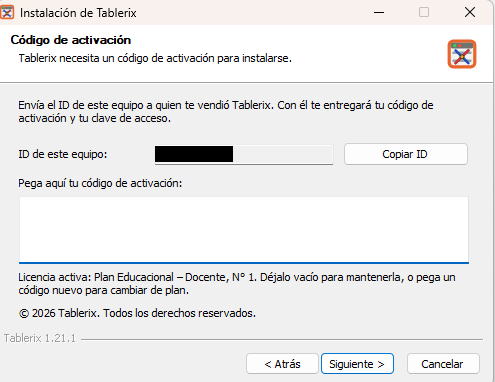 Pantalla de activación del instalador con el ID de este equipo y el botón Copiar ID