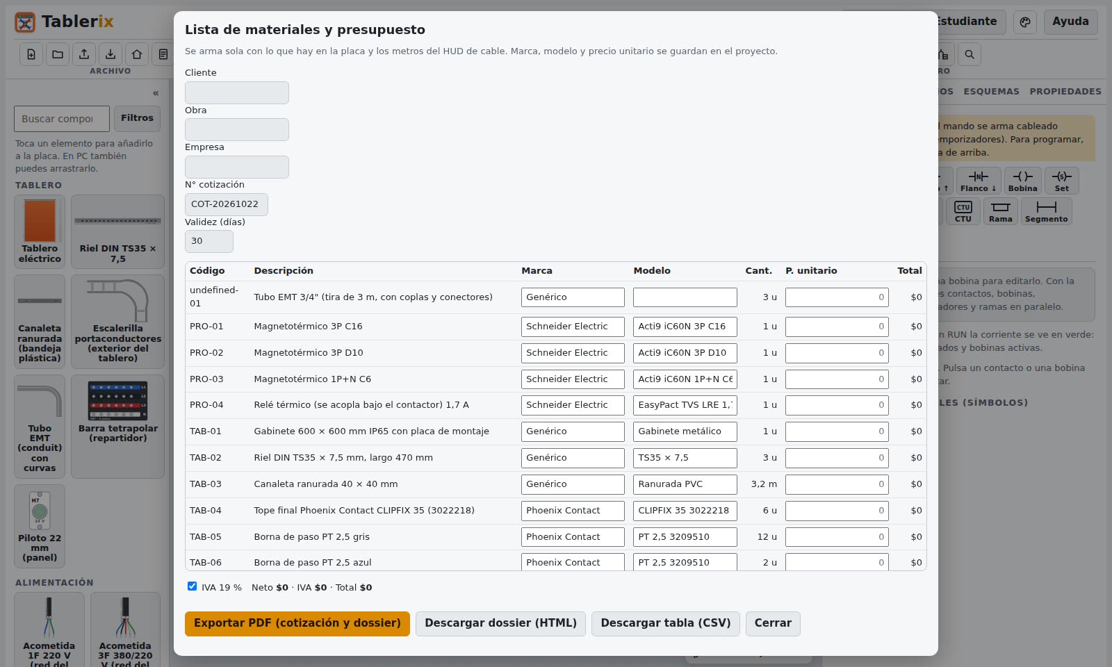 Lista de materiales y presupuesto de Tablerix.